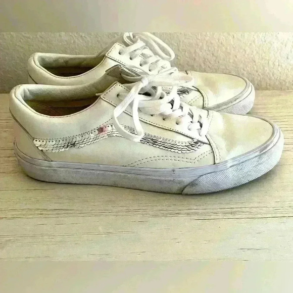 Vans‎ Sequin Marshmallow Cream White Old School Lace-Up - Women's Size 8.5 - Picture 1 of 5